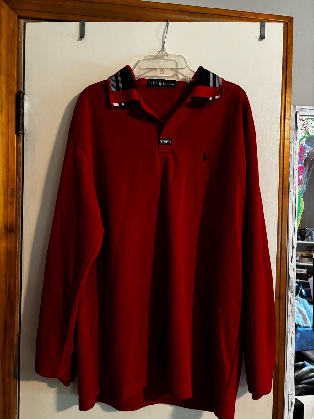 Ralph Lauren Men's Red Long-Sleeve Polo with Striped Collar